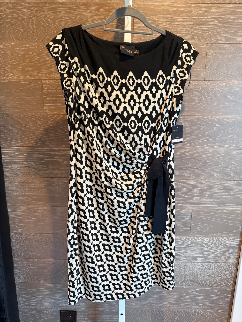 Taylor Black & Tan Geometric Draped Midi Dress with Side Tie